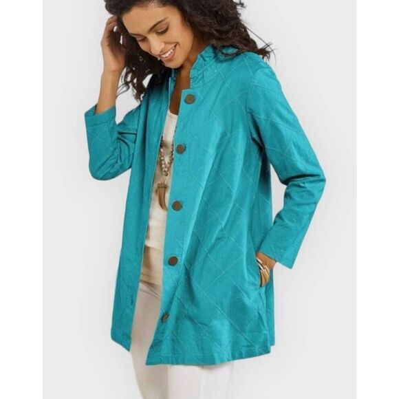 Soft Surroundings Brinley Mandarin Collar Aqua Linen Blend Shirt Jacket - Picture 1 of 9